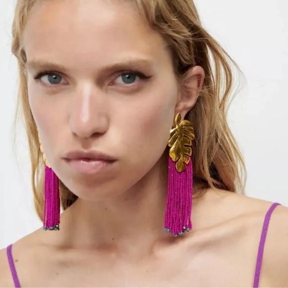 ZARA White Gold TROPICAL LEAF EARRINGS - Picture 3 of 5